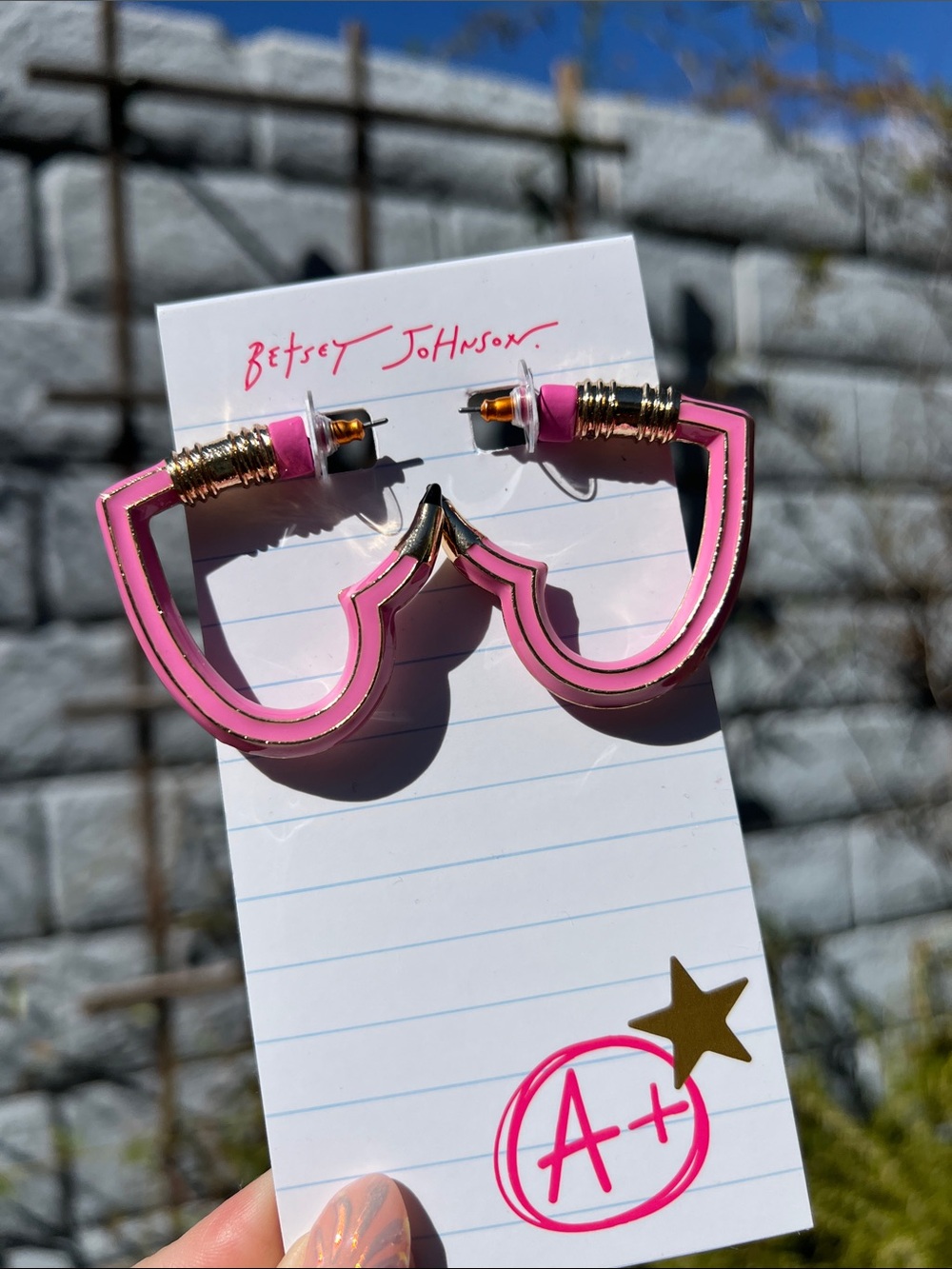 Betsey Johnson Pink Heart Outline Pencil Hoop Earrings with Gold Accents